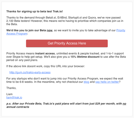 email with priority access CTA