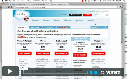 Salesforce.com pricing page video screen shot